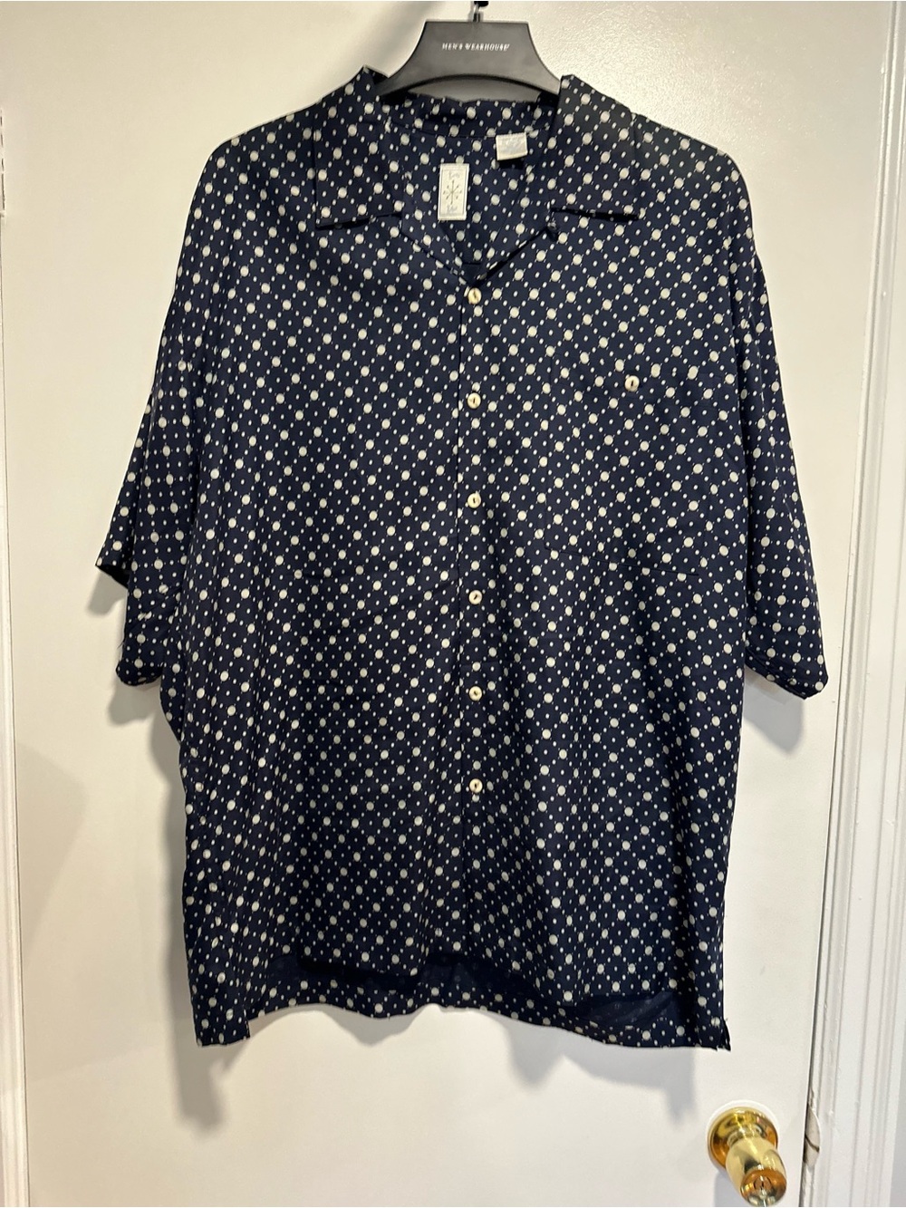 VTG 90s Burma Bibas Sz:L silk Button Down Shirt Relaxed Fit Navy White Dot AOP.
